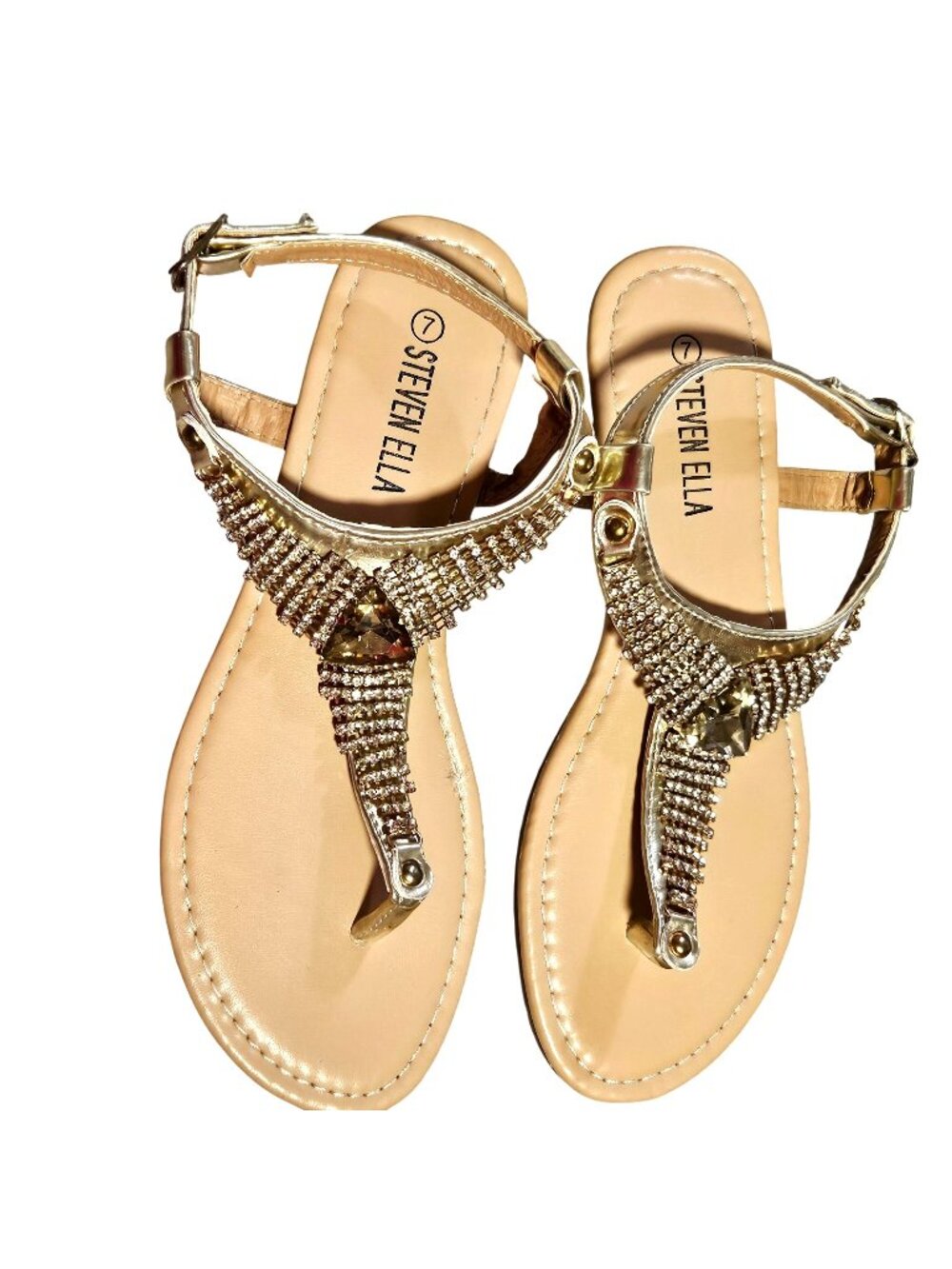 Woman's Steven ELLA golden boho beachy summer rhinestone buckle strap sandals 7